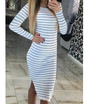 Fall Regular Round Neck Pullover Long Sleeve Mid-Calf Single Stripe Dress