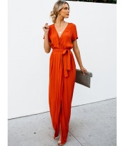 Standard-Waist V-Neck Single Lace-up Short Sleeve Plain Regular Summer Dress