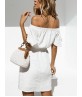 Standard-Waist Slash Neck Short Sleeve Travel Look Single Summer Button Off-the-Shoulder Dress