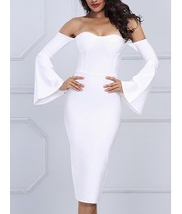 Flare Sleeve Mid-Calf Plain Summer Single Long Sleeve Standard-Waist Pullover Dress