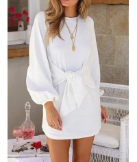 Elegant Standard-Waist Long Sleeve Lantern Sleeve Plain Pullover Round Neck Lace-up Dress
