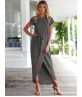 Round Neck Asymmetric Lace-up Single Plain Short Sleeve Ankle-Length Pullover Dress