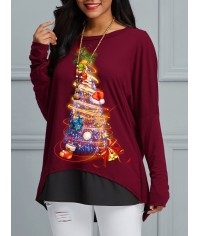Christmas Print Color Block Long Sleeve Mid-Length Casual Slim T-Shirt