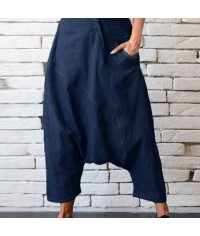Casual Women Denim Pocket Elastic Waist Drop Crotch Harem Pants