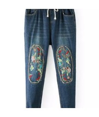 Casual Women Embroidery Fleece Elastic Waist Denim Jeans